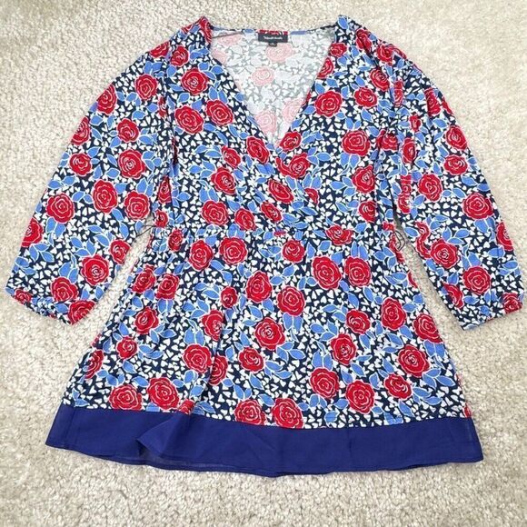 Modcloth Blue Red Floral Roses Surplice Wrap Blouse Top - Picture 2 of 9